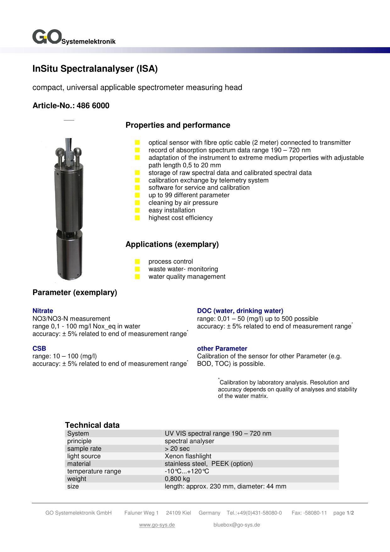 InSitu Spectral Analyser（ISA）　浸漬型の分光分析ヘッド